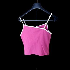 Y2K Q&A Vintage Pink Asymmetrical Neckline Cami Tank Top White Trim Size M